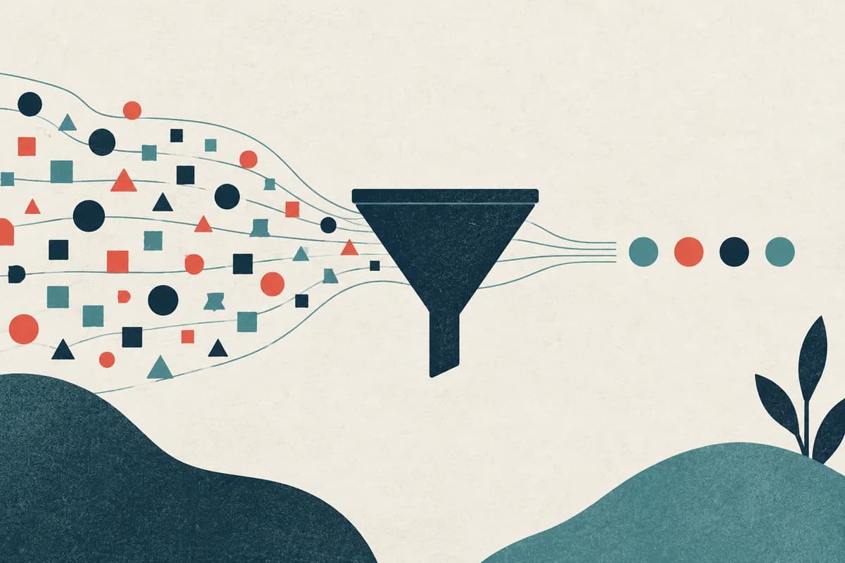 A funnel turning many small data points into a few clear aggregate signals
